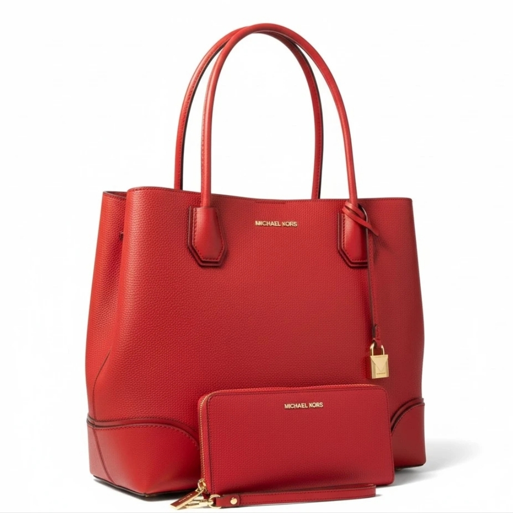 Michael Kors Vintage Cherry Red Pebbled Leather Tote w/ Matching Wallet